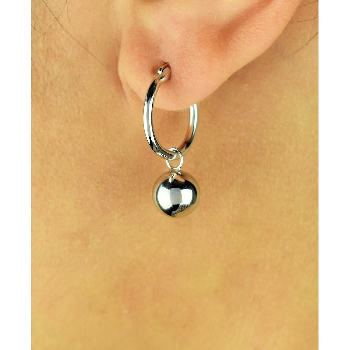 Boucles d'oreilles Mini Créoles boule pendante Argent 925 Rhodié - vue 2