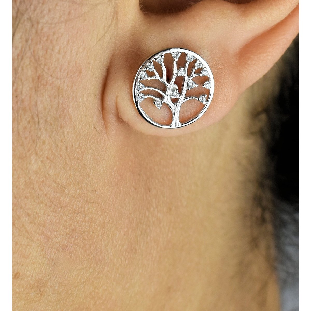 Boucles d'oreilles arbre de vie oxydes de zirconium Argent 925 Rhodié - vue 2