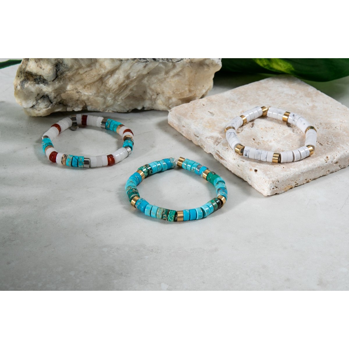 Bracelet élastique Pierres Naturelles : Turquoise Africaine, Jaspe Paysage Et Jaspe Picasso