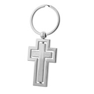 Porte-clés croix chrétienne sur pivot argentée