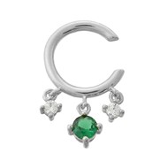 Clip d'oreille earcuff 3 oxydes de zirconium pendants central vert Argent 925 Rhodié