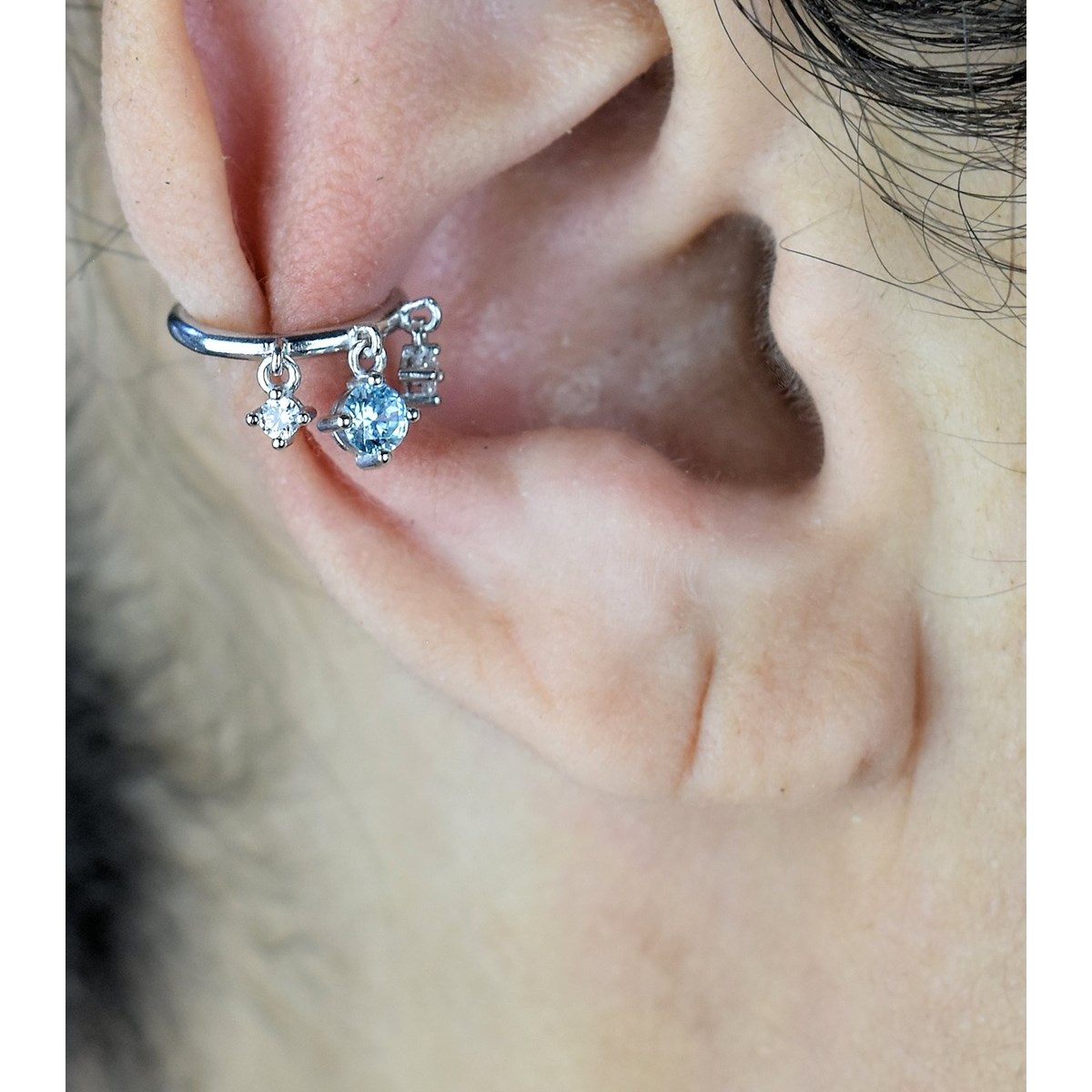 Bague d'oreille 3 oxydes de zirconium pendants central bleu Argent 925 Rhodié - vue 2