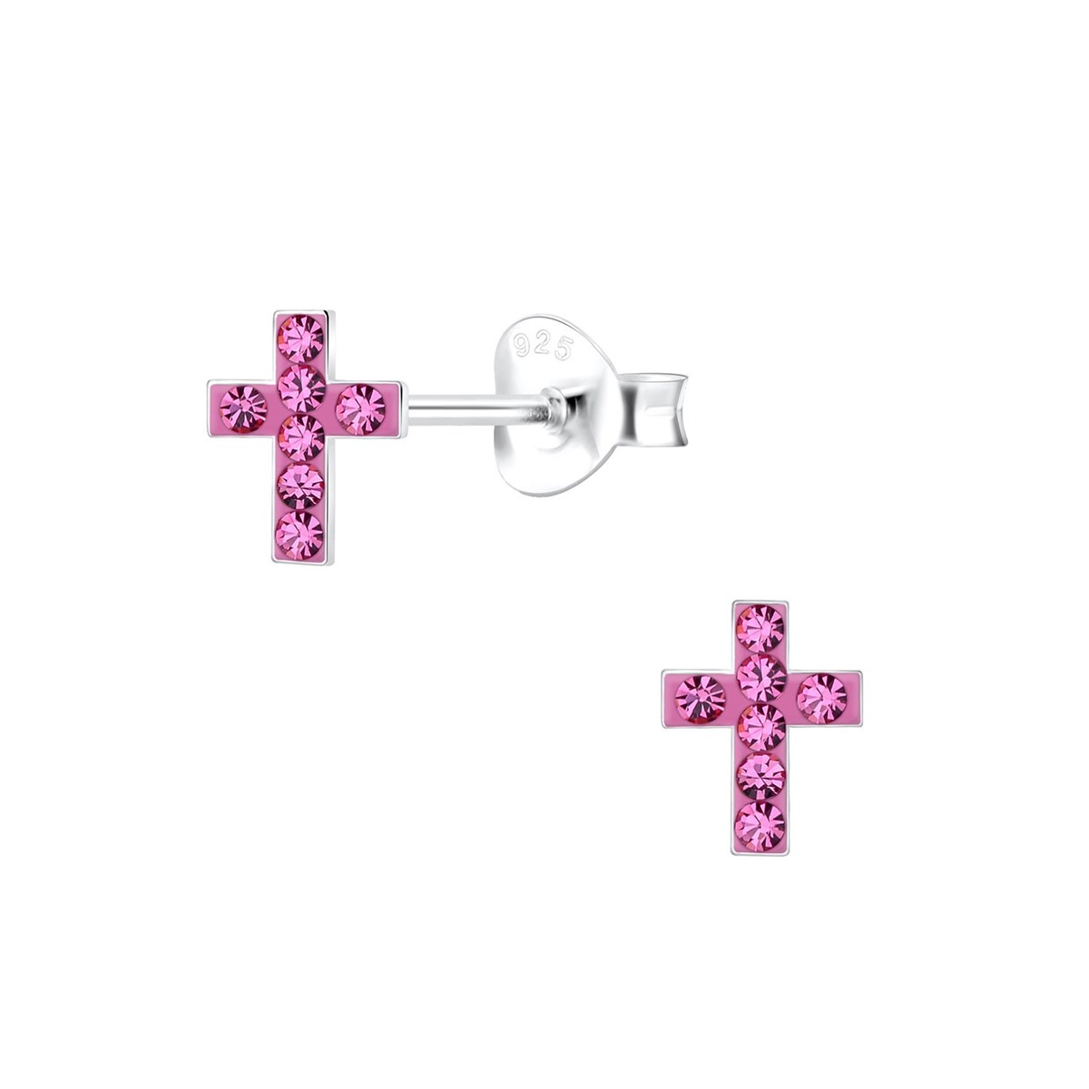 Boucles d'oreilles croix en cristal rose en argent 925