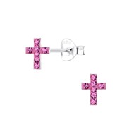 Boucles d'oreilles croix en cristal rose en argent 925