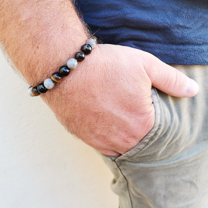 Bracelet extensible avec perles Labradorite, Tourmaline noire, Oeil de Tigre - vue 2