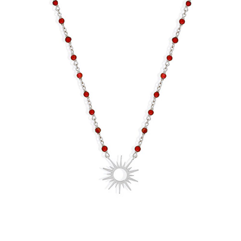 Collier Argent Soleil Rhodié Et Pierre Onyx Rouge