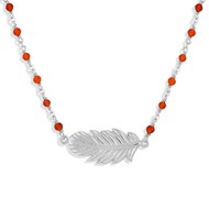 Collier Argent Rhodié Plume Et Pierres Naturelles Rouges