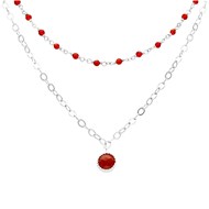 Collier Argent Rhodié Double Chaine Et Pierres Naturelles Onyx Rouge