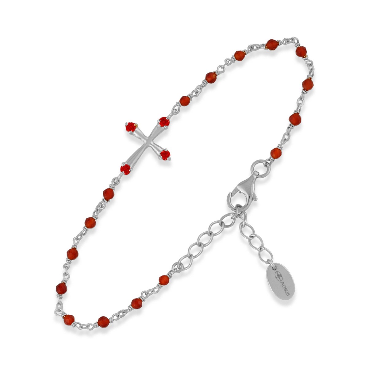 Bracelet En Argent Rhodié Croix Pierres Naturelles Rouges