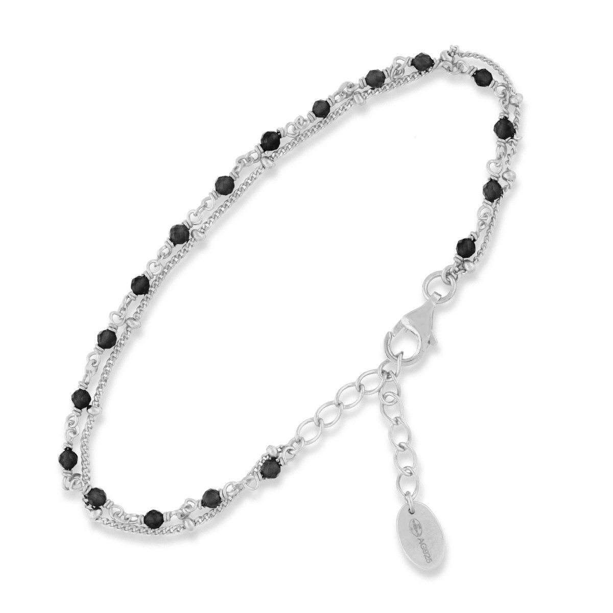 Bracelet En Argent Rhodié Double Chaine Pierres Naturelles Noires