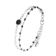 Bracelet En Argent Rhodié Double Chaine Pampilles Pierres Naturelles Noires