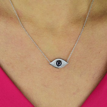Beschermende blauwe ogen ketting bezet met zirkonium oxides 925 Rhodium Zilver