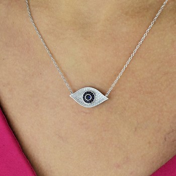 Beschermende blauwe ogen ketting bezet met zirkonium oxides 925 Rhodium Zilver