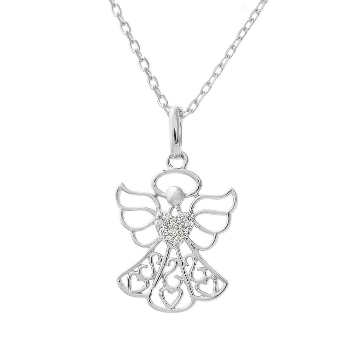 Collier ange protecteur coeur serti d'oxydes de zirconium Argent 925 Rhodié