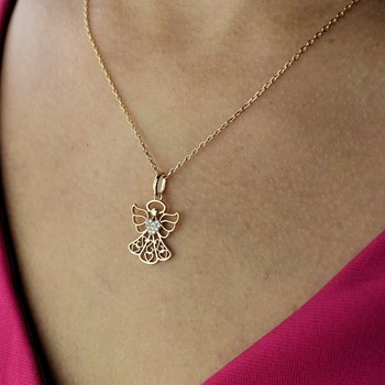 Collier ange protecteur coeur serti d'oxydes de zirconium Plaqué OR 750 3 microns