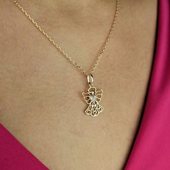 Collier ange protecteur coeur serti d'oxydes de zirconium Plaqué OR 750 3 microns