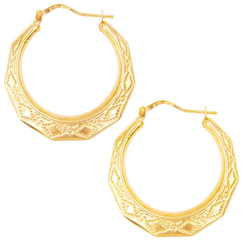 Boucles d'Oreilles Créoles Or Jaune - Motif Grec - Femme