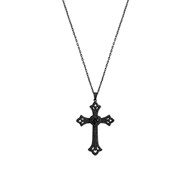 Collier Argent Noir Croix Coeur Serti Noir