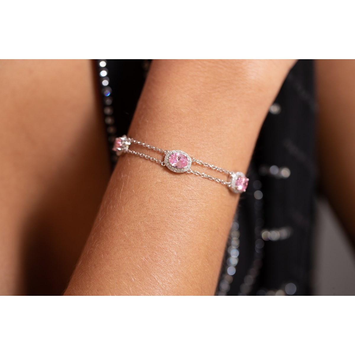 Bracelet souple VICTORIA en Argent avec pierre synthétique rose - vue 2
