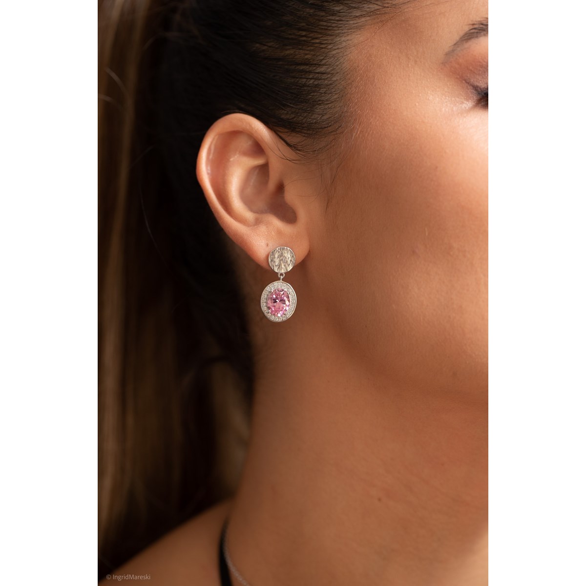 Boucles d'oreilles pendantes VICTORIA en Argent avec pierre synthétique rose - vue 2