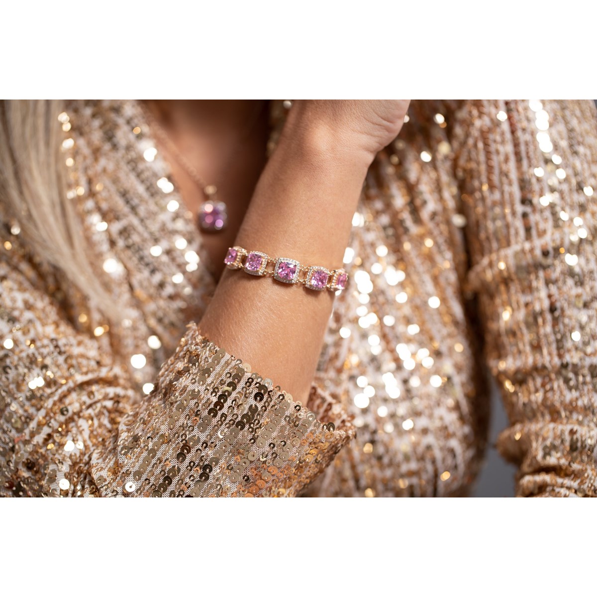 Bracelet souple MARGARET en Plaqué Or avec pierre synthétique rose - vue 3