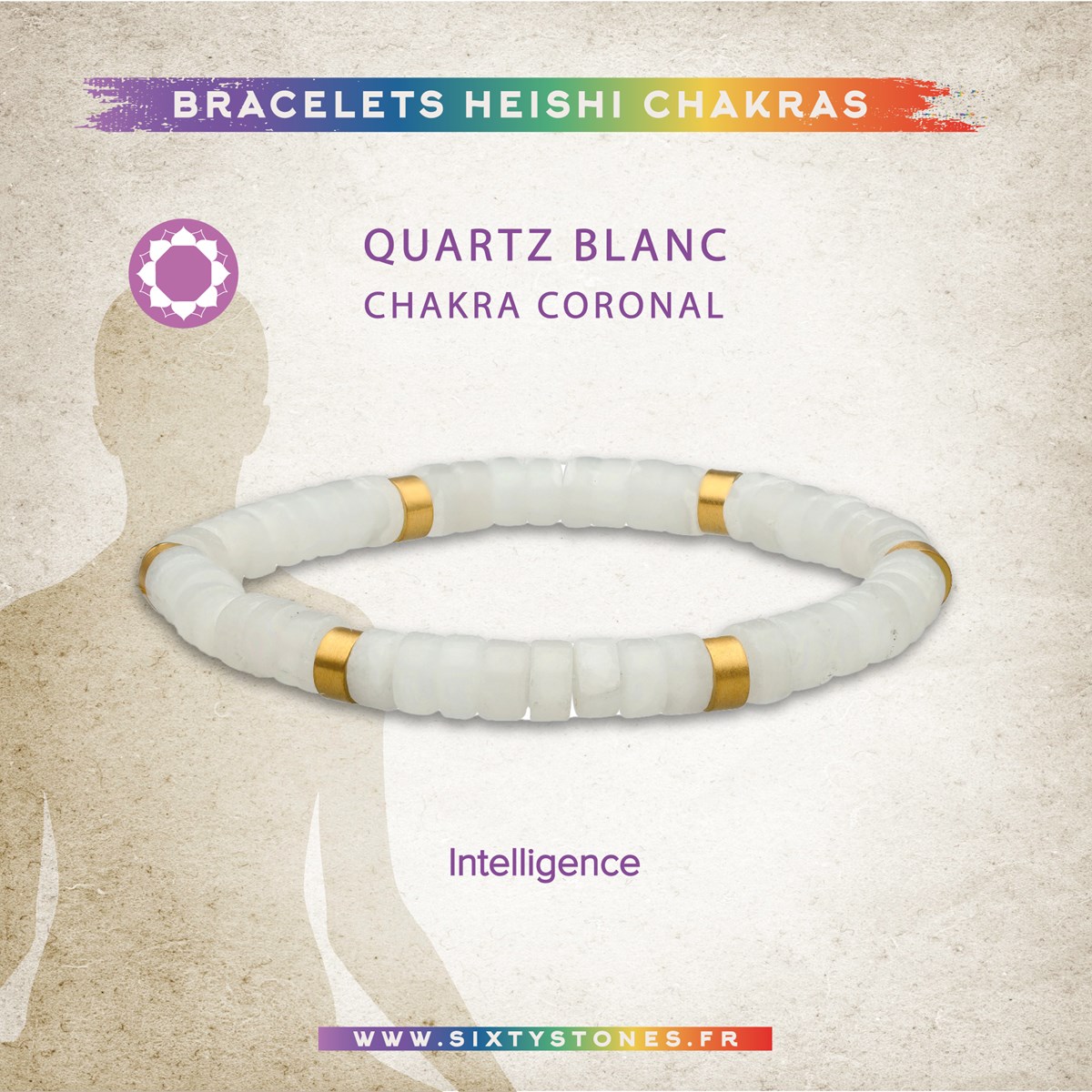 Bracelet Chakra Perles Heishi Quartz Blanc-XS-14cm - vue 2