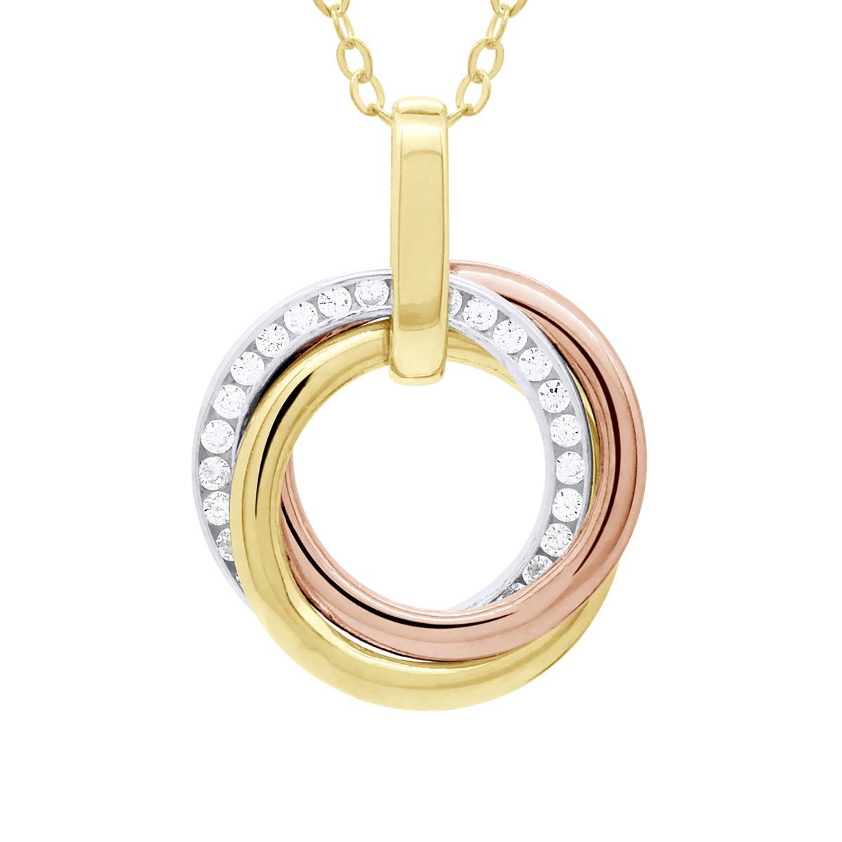 Collier Trois Ors - Ornées d'un Pendentif 3 anneaux - Fidélité, Amour et Éternité serti d' Oxydes de Zirconium