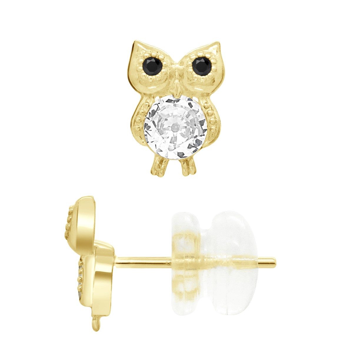 Boucles d'Oreilles Fantaisie - Hibou - Serties d'Oxydes de Zirconiums - Or Jaune