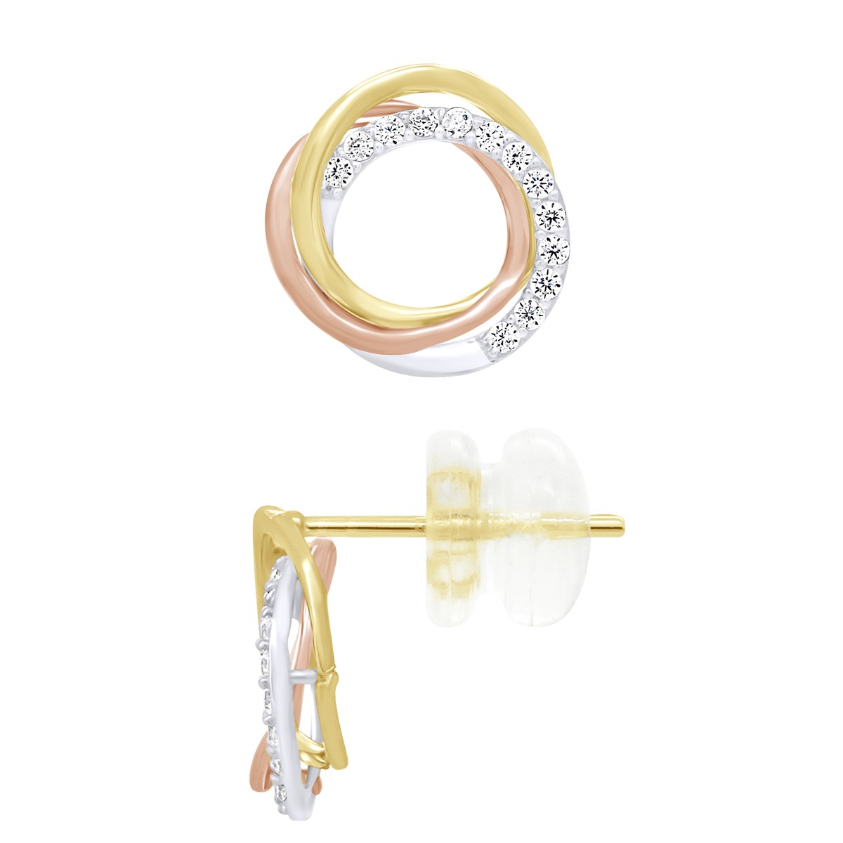 Boucles d'Oreilles Trois couleurs - 3 anneaux - Fidélité, Amour et Éternité serties d' Oxydes de Zirconium
