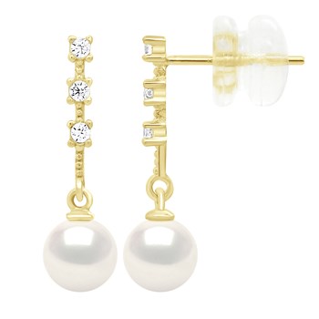 Boucles D'Oreilles Pendantes Serti d'Oxydes de Zirconium - véritables Perles De Culture d'Eau Douce Rondes - Or jaune