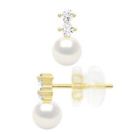 Boucles D'Oreilles Fantaisies Serti de 4 Oxydes de Zirconium - véritables Perles De Culture d'Eau Douce Rondes - Or Jaune