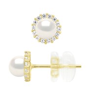 Boucles D'Oreilles Puces - véritables Perles De Culture d'Eau Douce Rondes 4 mm entourage en Oxydes de Zirconium - Or Jaune