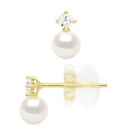 Boucles D'Oreilles Fantaisies Serti de 2 Oxydes de Zirconium - véritables Perles De Culture d'Eau Douce Rondes - Or Jaune