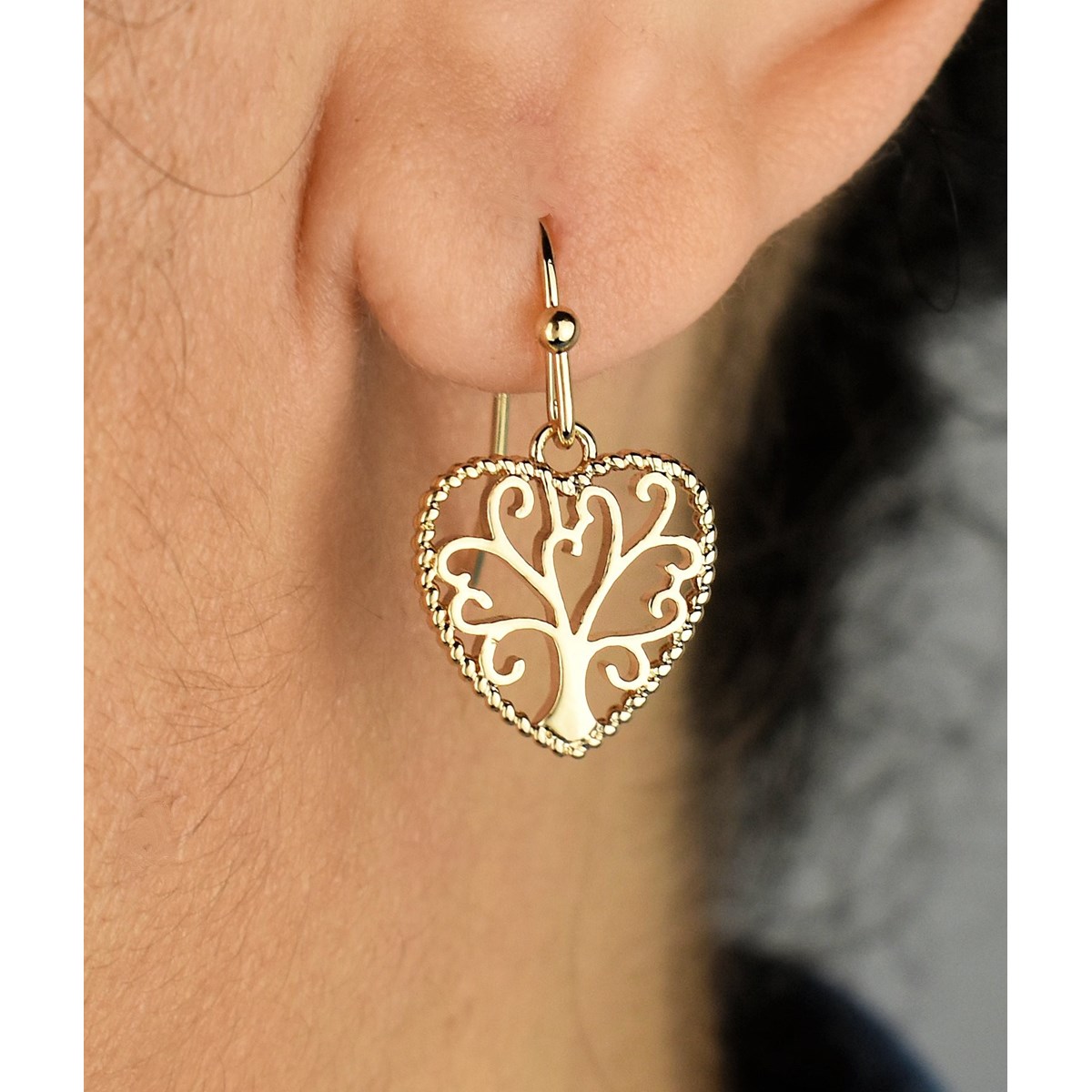 Boucles d'oreilles arbre de vie dans un coeur Plaqué OR 750 3 microns - vue 2