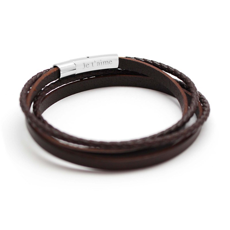 Bracelet cuir le mix marron homme - gravure JE T'AIME