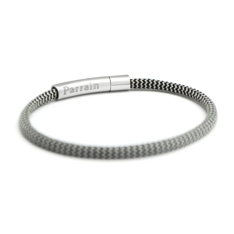 Bracelet cordon noir et gris - Acier inoxydable - Gravure PARRAIN