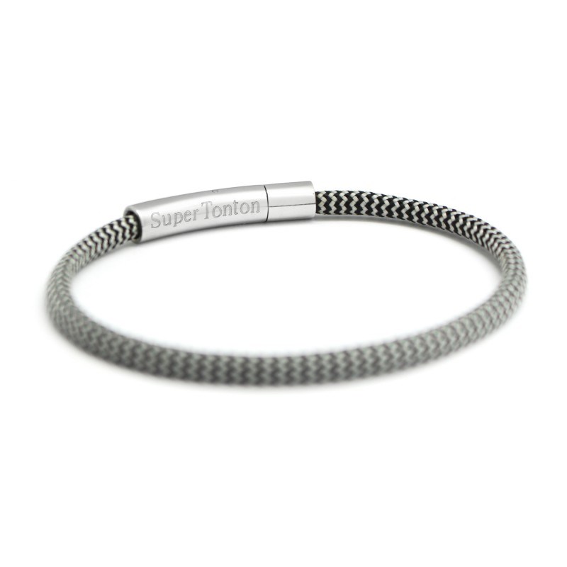 Bracelet cordon noir et gris - Acier inoxydable - Gravure SUPER TONTON