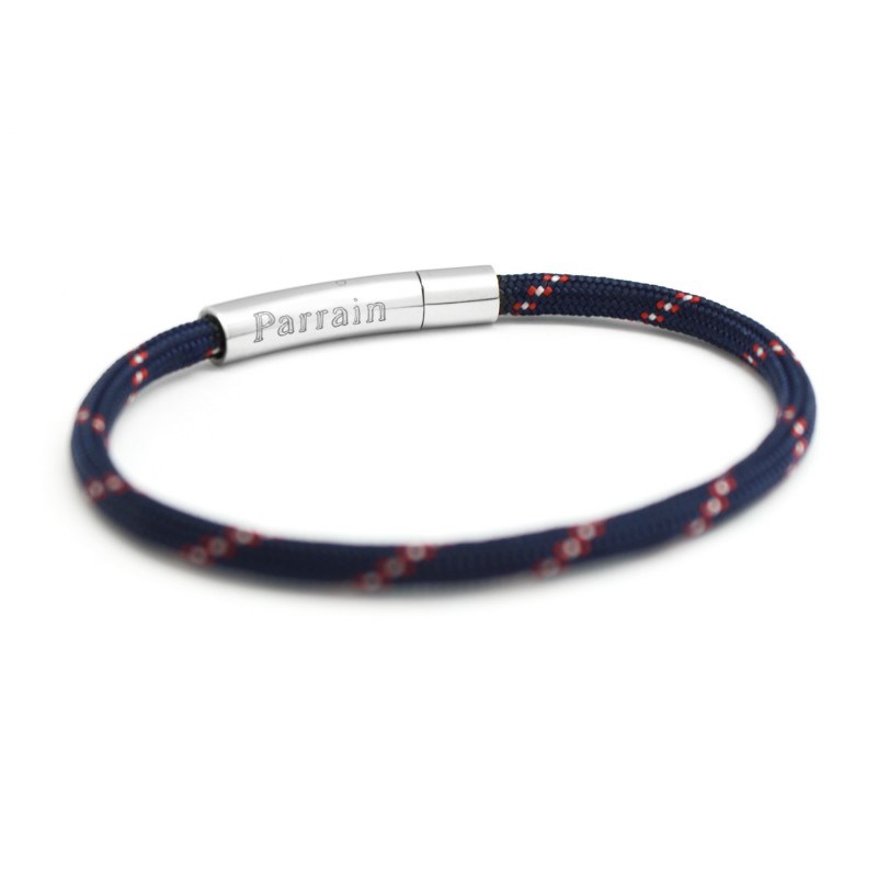 Bracelet cordon rouge et bleu - Acier inoxydable - gravure PARRAIN
