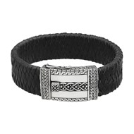 Bracelet Cuir Et Fermoir Argent Motif Ethnique Et Géométrique Grand Modèle