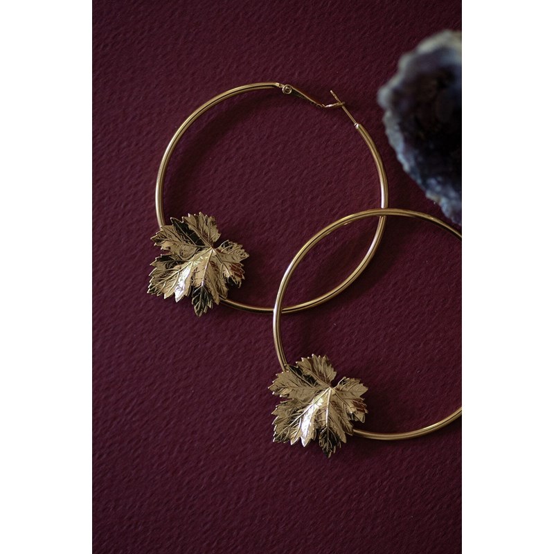 boucles d'oreilles créoles feuilles doré à l'or fin - HÉRA - vue 3