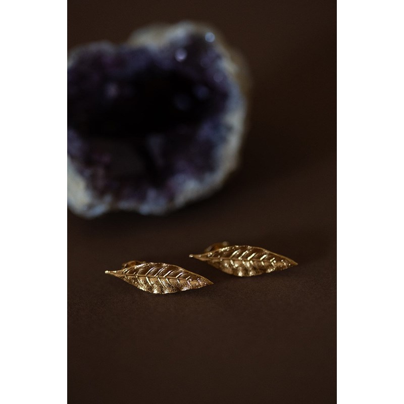 boucles d'oreilles puces feuilles doré à l'or fin - THALIE - vue 3
