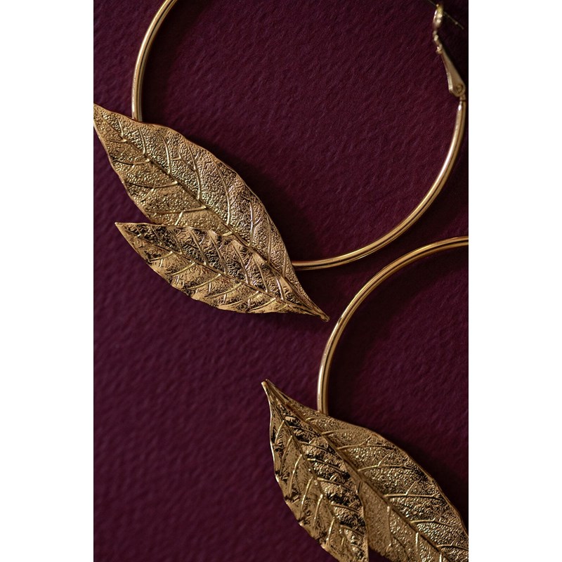 boucles d'oreilles créoles feuilles doré à l'or fin - THALIE - vue 3