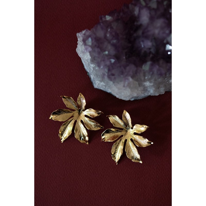 maxi boucles d'oreilles puces fleurs doré à l'or fin - CHLORIS - vue 3