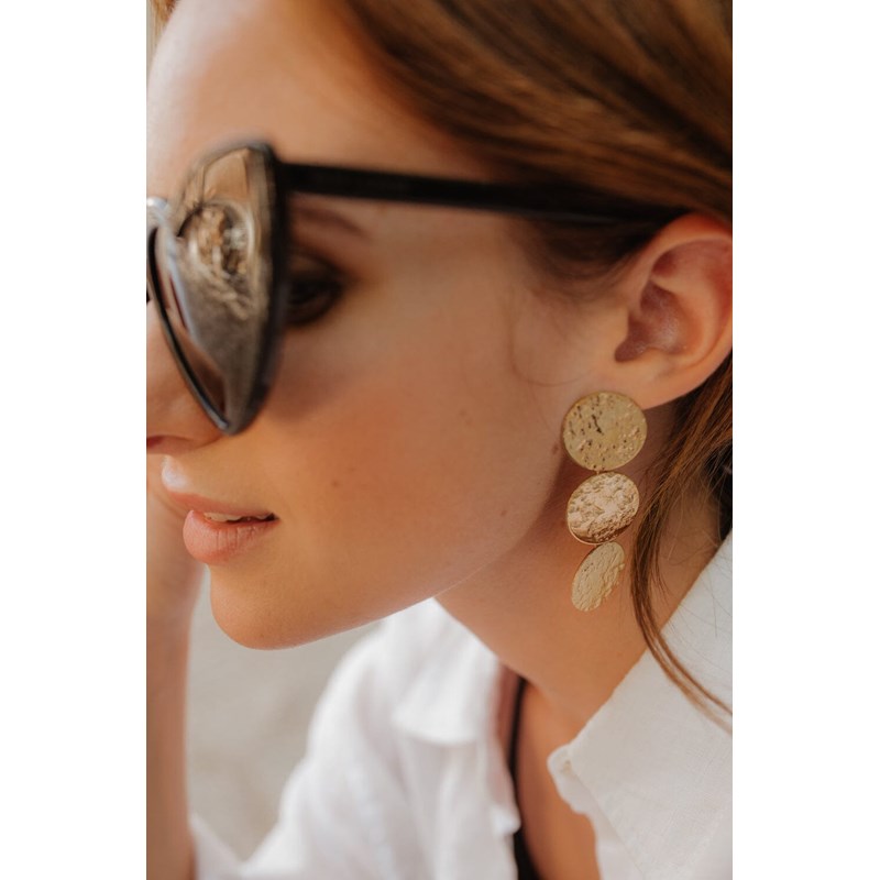 maxi boucles d'oreilles puces pendantes ronds martelés doré à l'or fin - HESTIA - vue 5