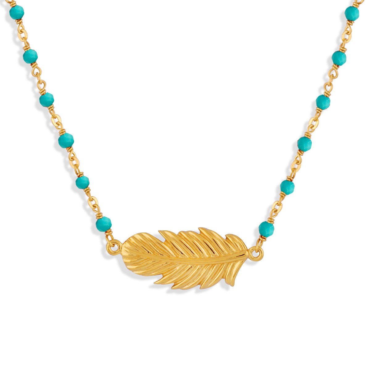 Collier Argent Doré Plume Et Turquoise