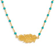 Collier Argent Doré Plume Et Turquoise