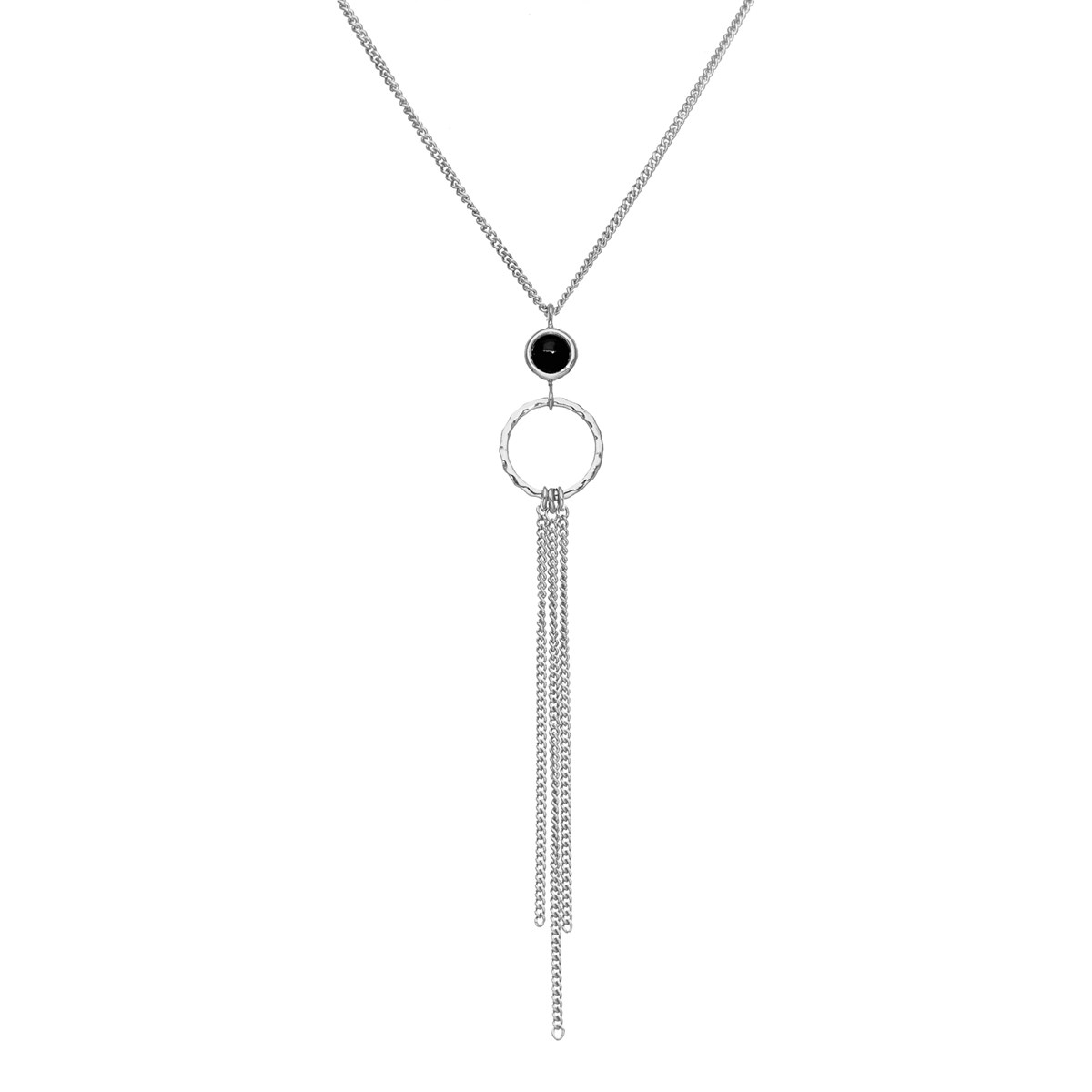 Collier Argent Chaines Pendantes Et Pierre Spinelle Noir