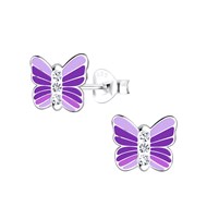 Boucles d'oreilles enfant Papillon violet en argent 925 avec cristaux blancs