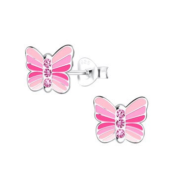 Boucles d'oreilles enfant Papillon rose en argent 925 avec cristaux roses