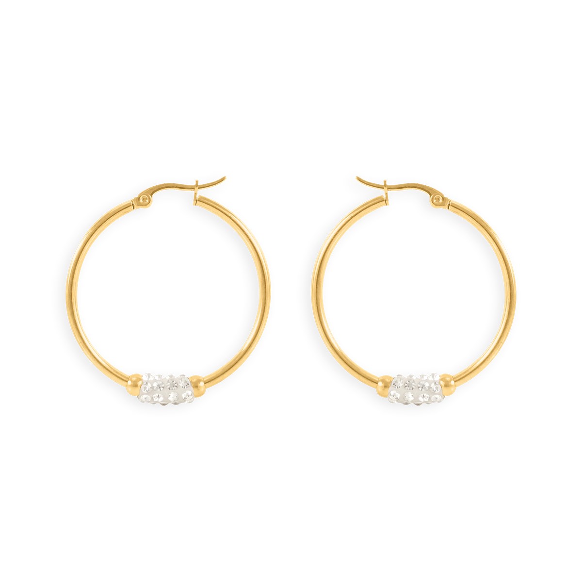 Boucles d'oreilles créoles acier plaqué jaune 3 cm avec oxydes de zirconium